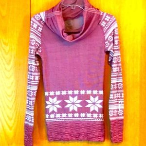 New Climawear fair isle thin lightweight cowl neck top shirt S maroon wine white